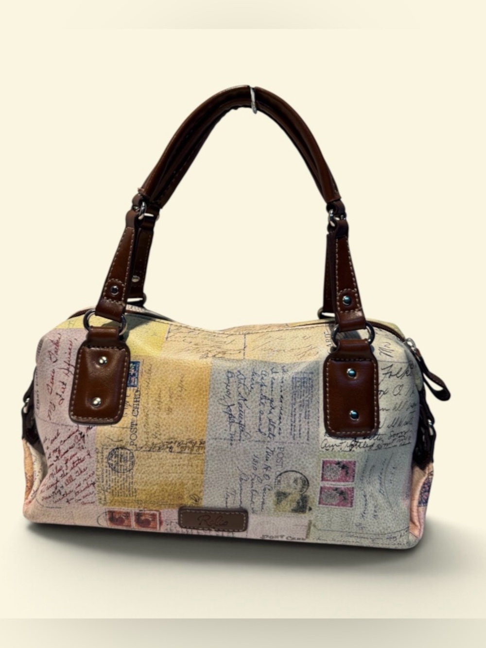 Multicolor Postal Script Satchel with Brown Trim